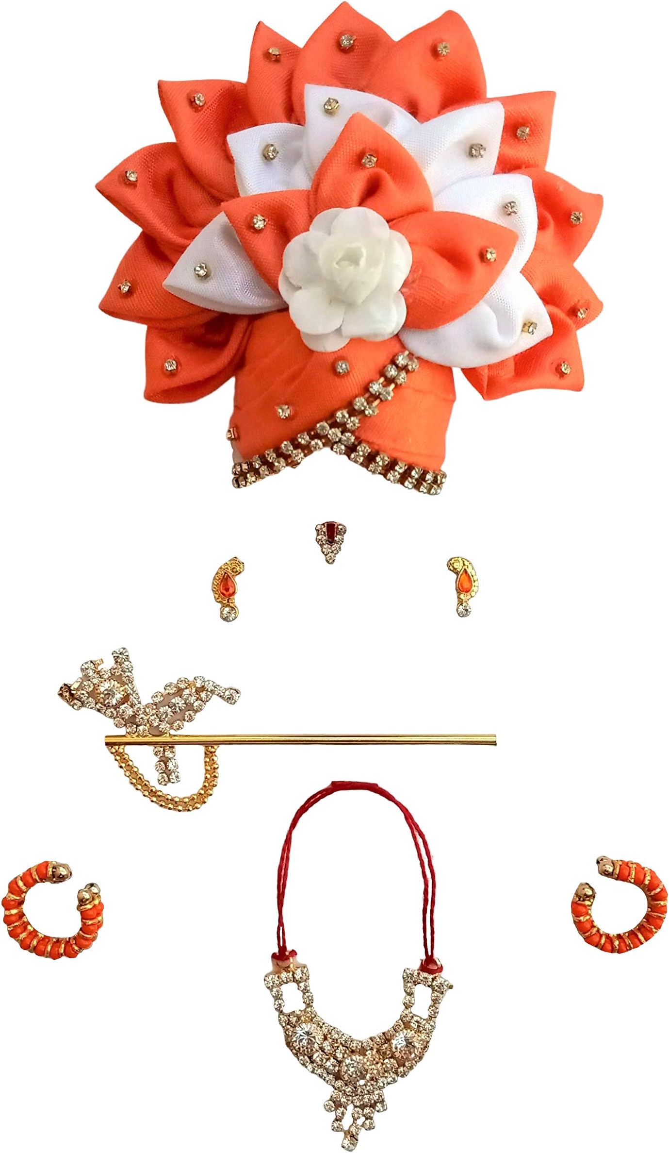 NandAnand Ladoo Gopal Designer Kali Flower Mukut Pagdi and Shringar Accessories Set | Laddu Gopal Krishna Mukut Set (Size: 4, Color: Orange and White) - Pack of 6