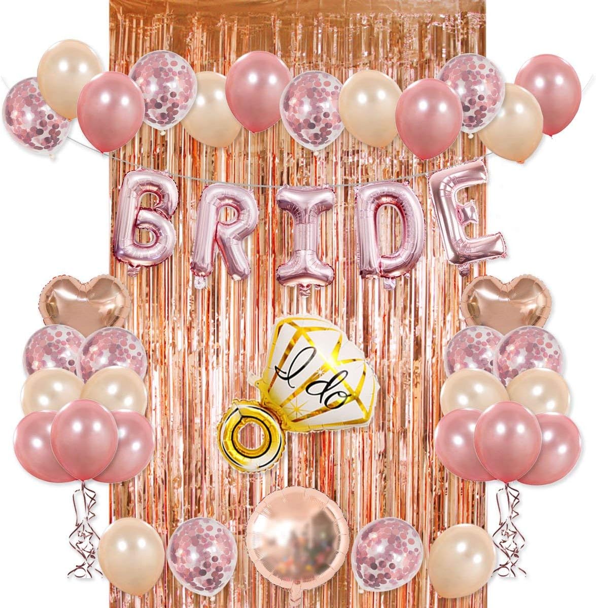 Bride Party Decorations Kit- Rose Gold Foil Fringe Curtain, 20 Latex Balloons, 10 Confetti Balloon, Bride and Ring Heart Round Mylar Balloons for Bachelorette Bridal Shower Party Supplies-s