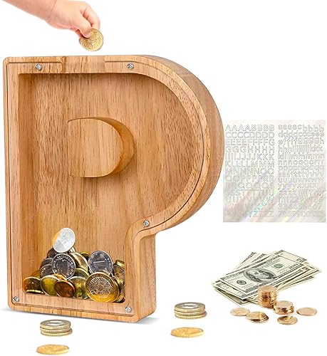 Miniatura 73 de Alcancía de madera con letras de madera, alcancía para niños y niñas, grande, 26 letras del alfabeto, banco de dinero personalizado con nombre