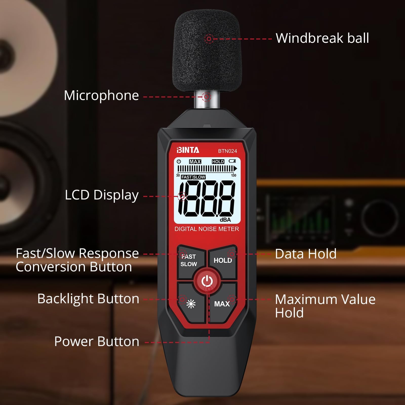 BTNTA Medidor de Decibelios, Medidor Digital de Nivel de Sonido 30-130dB A-Ponderado, Medidor SPL Portátil con Pantalla LCD Retroiluminada, para Casa Oficina Fábrica Vecinos