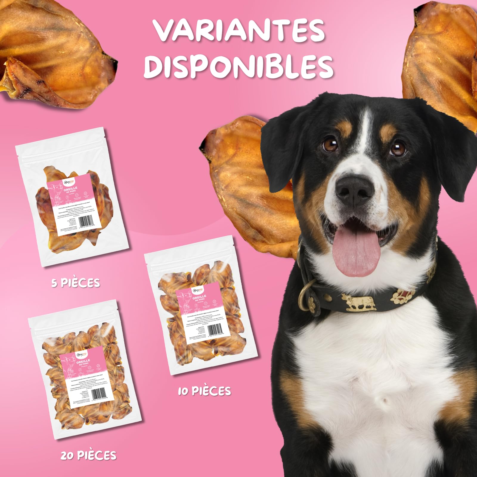 Oreilles de Porc pour Chien – Friandises pour Chien – 100% Naturels sans conservateurs ni additifs – Hygiène Dentaire, Réduction du Stress – Source collagène et protéines – 10 Pièces