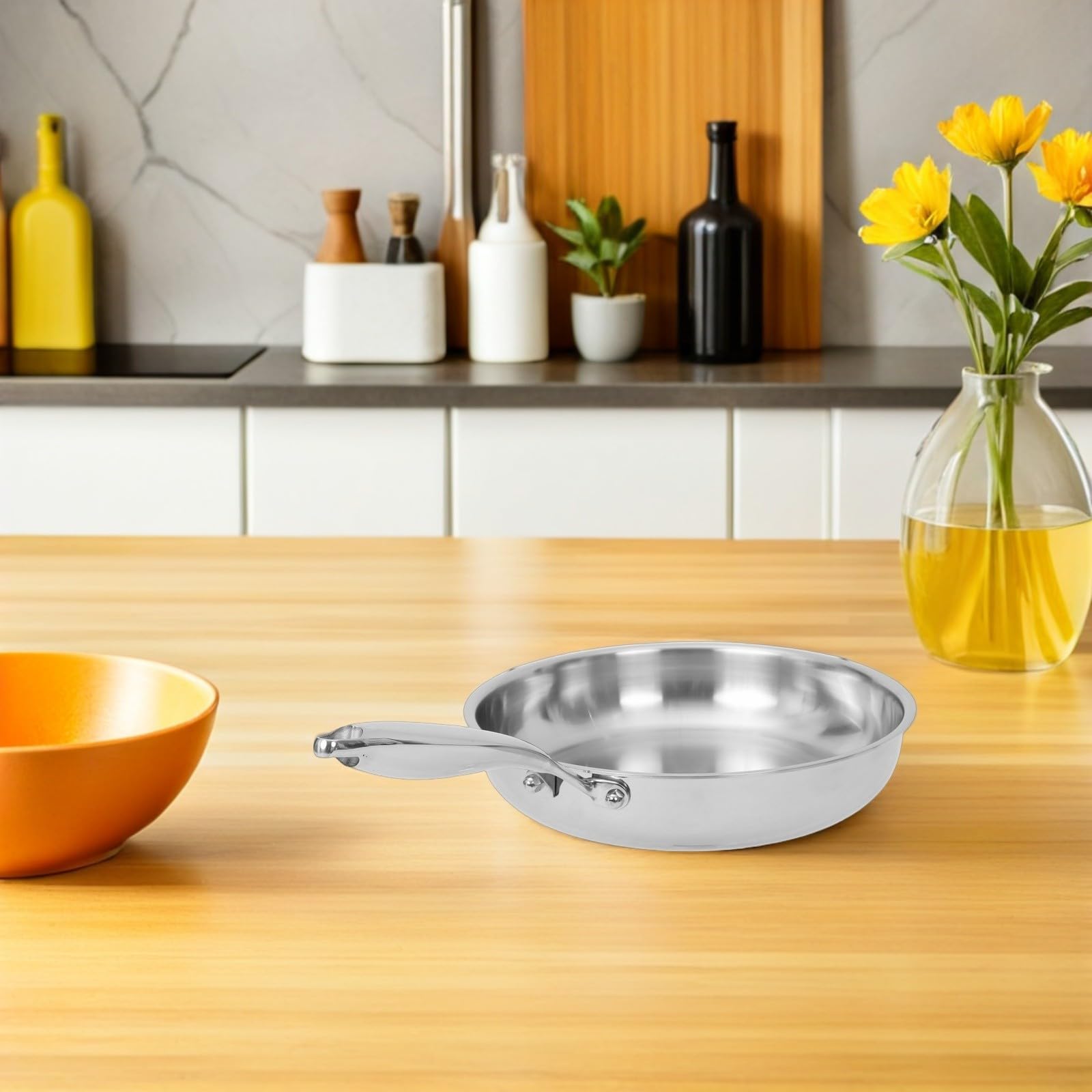 PRETYZOOM Sartén de Acero Inoxidable de 3 Capas de 11 Pulgadas sin Revestimiento con Mango Resistente al Calor para Cocina a Fuego Directo E Inducción, Apta para Lavavajillas y Horno
