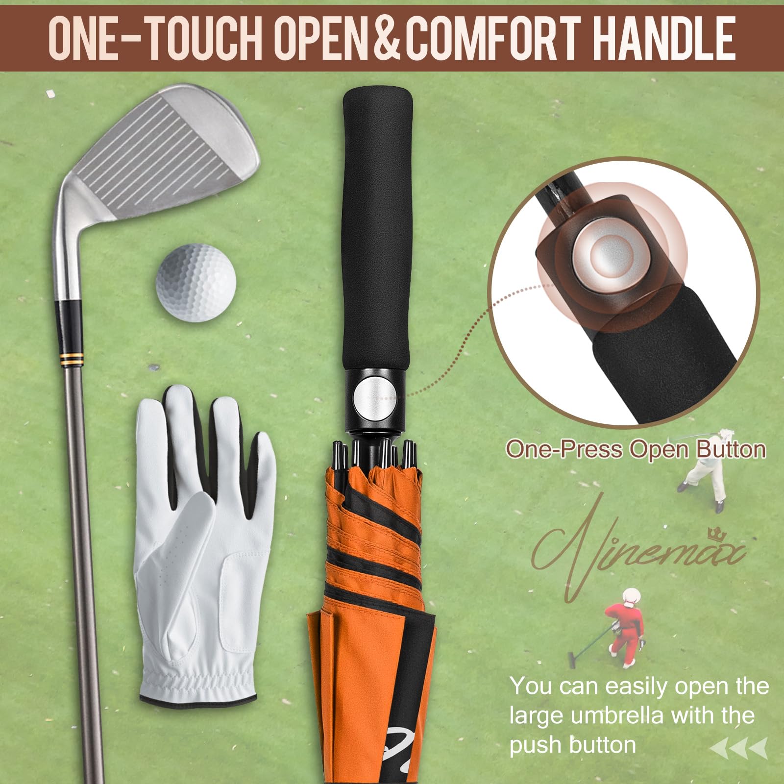 NINEMAX Grand Parapluie Golf, Ombrelle Grande Taille Anti Vent Solide Résistant, XL/XXL Parapluies Geant Tempete Incassable pour Homme Femme 2 Personnes
