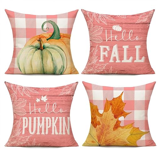 Miniatura 6 de Juego de 4 fundas de almohada decorativas de otoño de 20 x 20 pulgadas, decoración de calabaza, a cuadros, para exteriores, granja, otoño, Acción de