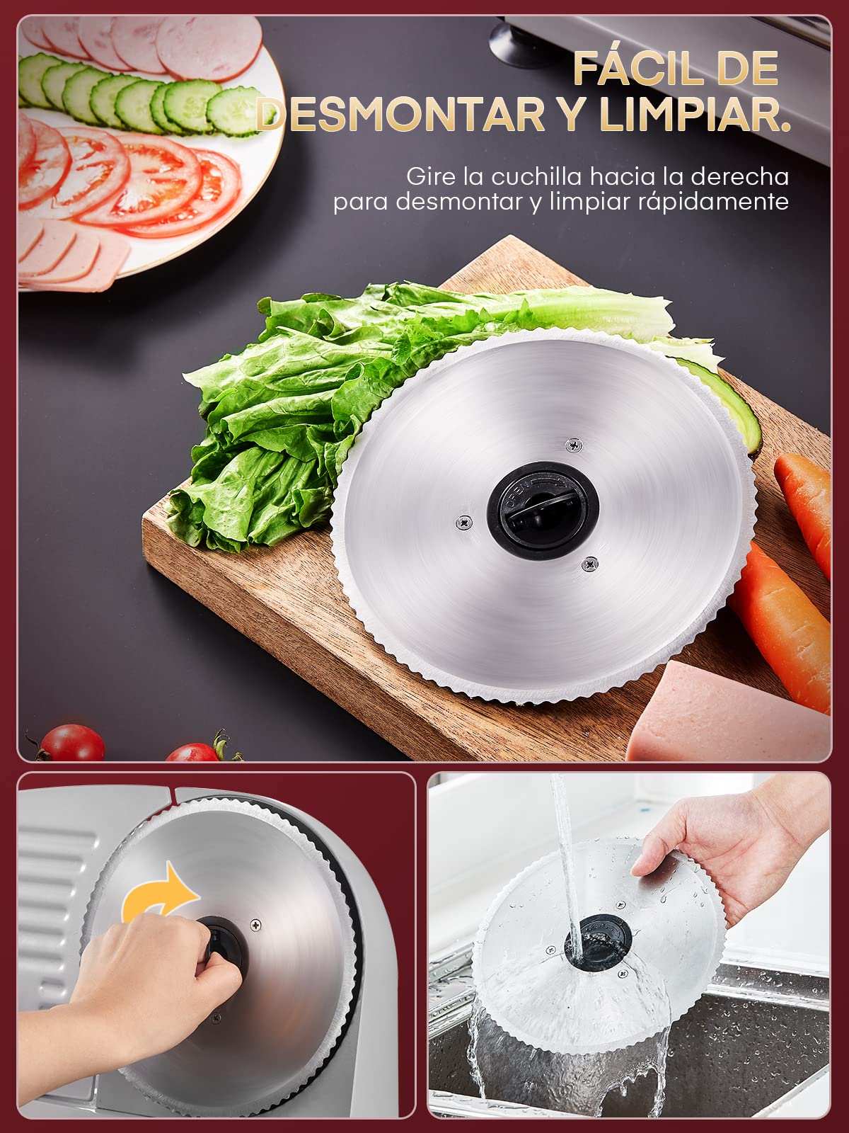 Cortafiambres Eléctrico 200W, Maquina de Cortar Fiambre, 2 Cuchillas de Acero Inoxidable, Cortafiambres Profesional con Espesor Ajustable 0-15 mm, Sistema Protector de Manos, Plateado, FOHERE
