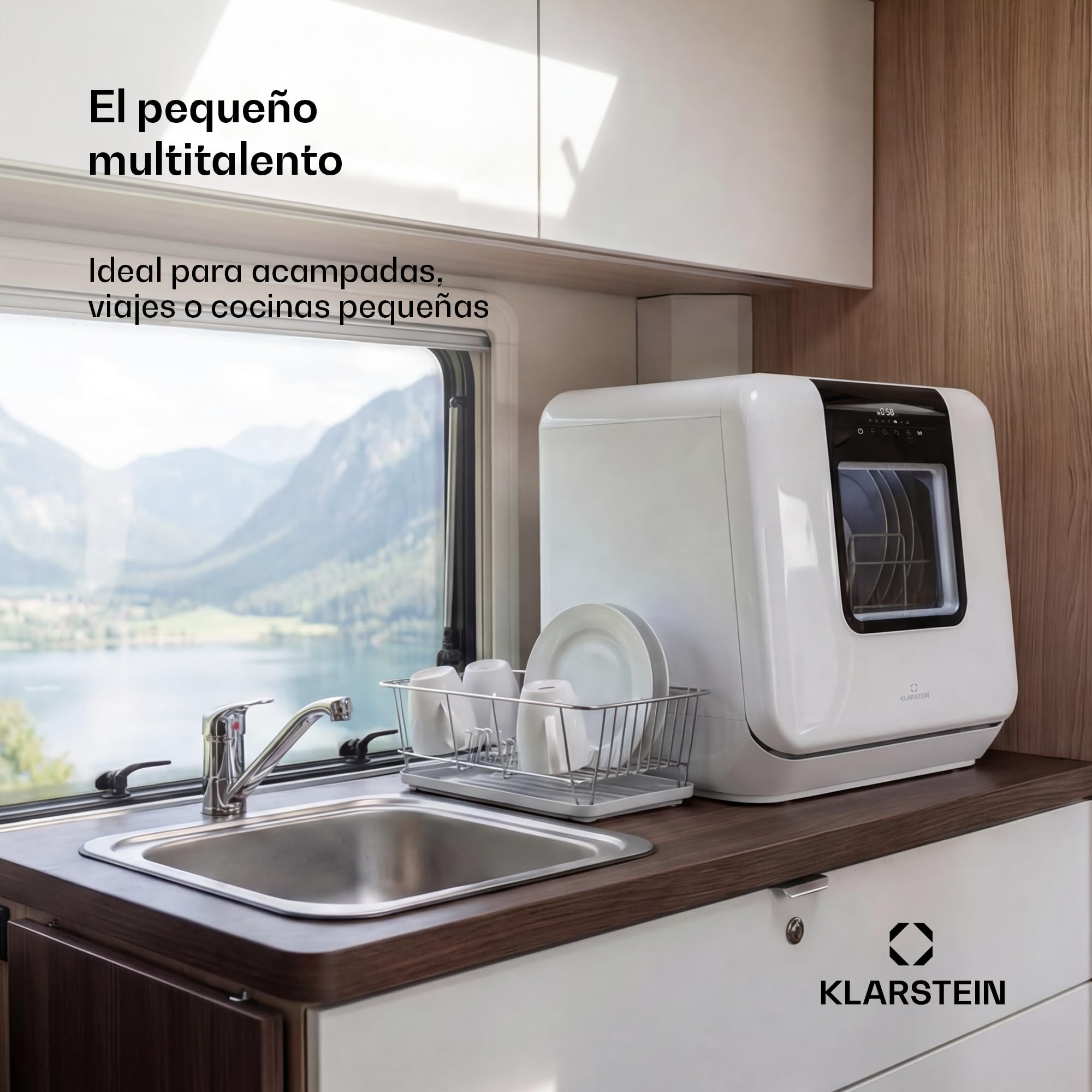 Lavavajillas de sobremesa Klarstein Melville – Lavavajillas compacto con capacidad para 3 servicios, 7 programas, 6 litros de consumo de agua, AquaStop y diseño portátil