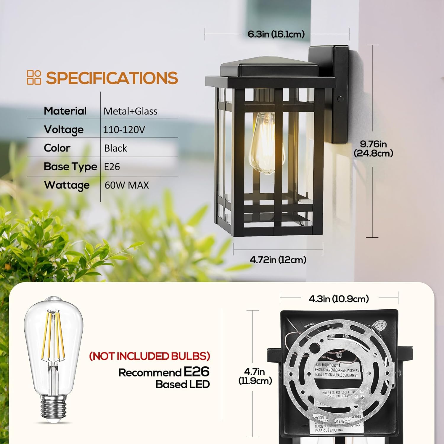 Outdoor Wall Light Fixtures 9.76'', Waterproof Porch Lights Lantern, Exterior Modern Matte Black Wall Mount Lighting, Anti-Rust E26 Socket Outside Scones for Front Door Garage Patio, 2 Pack