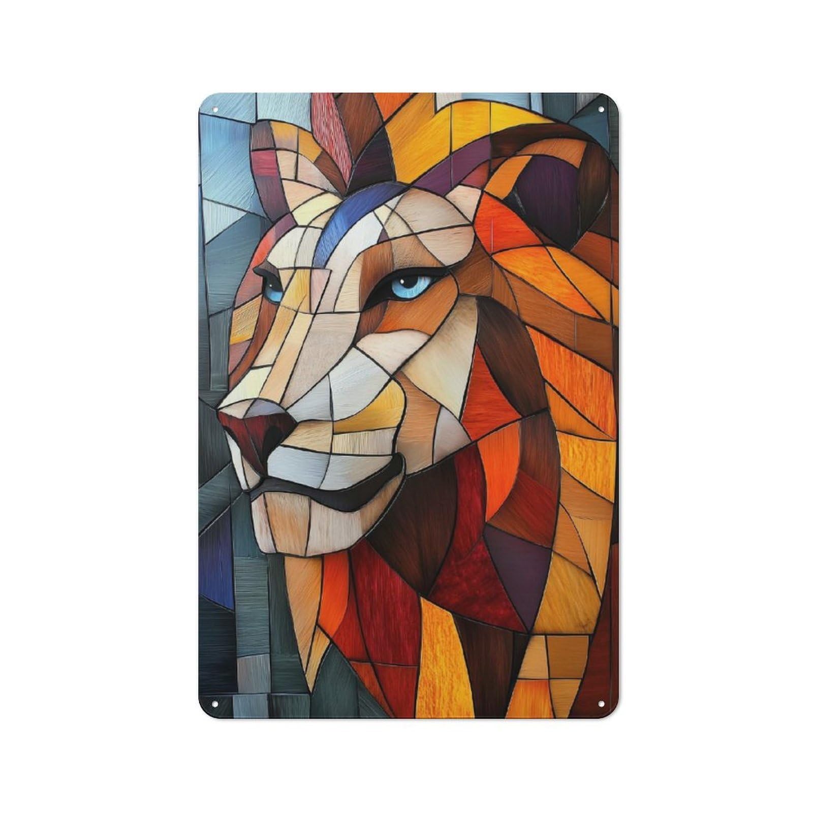 Barn Style Farmhouse Metal Sign 30x20cm Featuring Stained Glass Lion, Cottage Wall Art for Kitchen, Cottage, Porch Or Garden Room