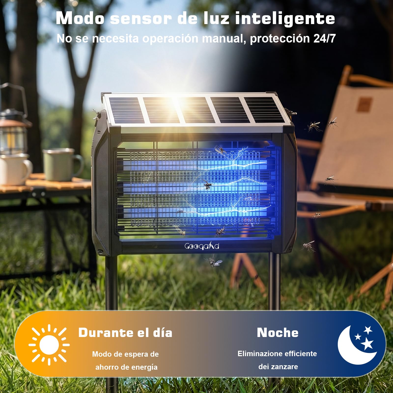 Insecticida Eléctrico Solar 10W Exterior - Lámpara Antimosquitos, Trampa para Moscas 4000V con Luz UV, Impermeable IPX5, Mata Mosquitos para Cocina, Casa, Patio, Jardín, Camping