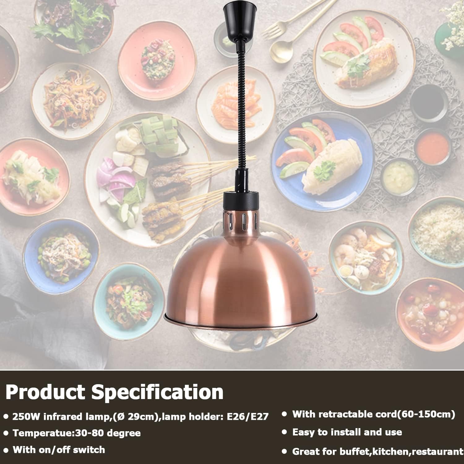 Hanging Food Heat Lamp Overhead Food Lamp Warmer Food Light (Dia 29CM(Copper))