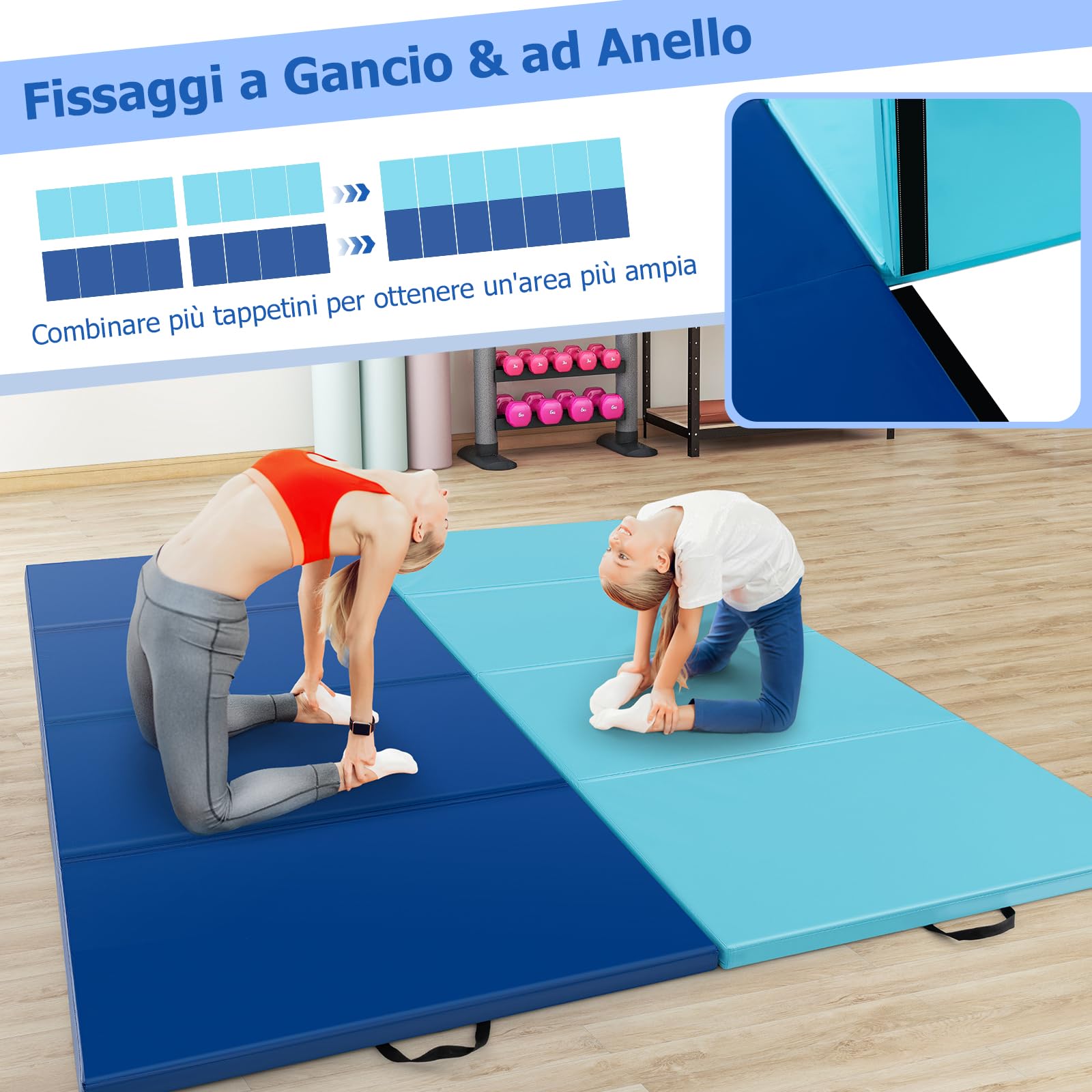 GYMAX Tappetino Ginnico Pieghevole a 4 Pannelli, Spesso 5 cm in Ecopelle con Chiusure a Strappo, Maniglie Portatili, Tappetini Portatili per Ginnastica, Arti Marziali, Yoga