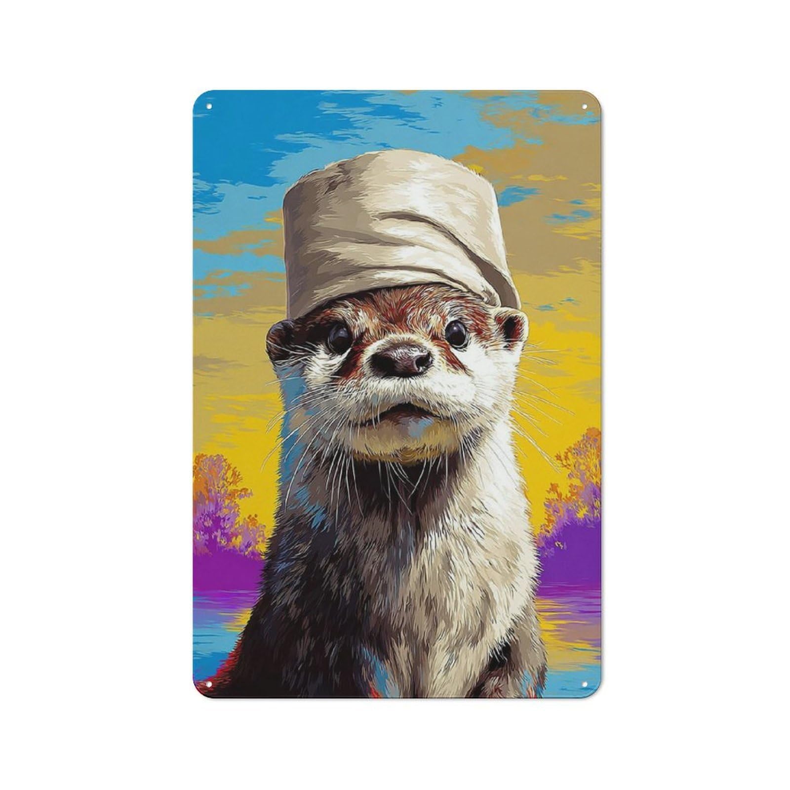 Junmoney Otter In A Hat Colorful Artwork Retro Metal Wall Sign 30X20cm Featuring For Hallway Wall, For Garage, Workshop And Man Cave Decoration