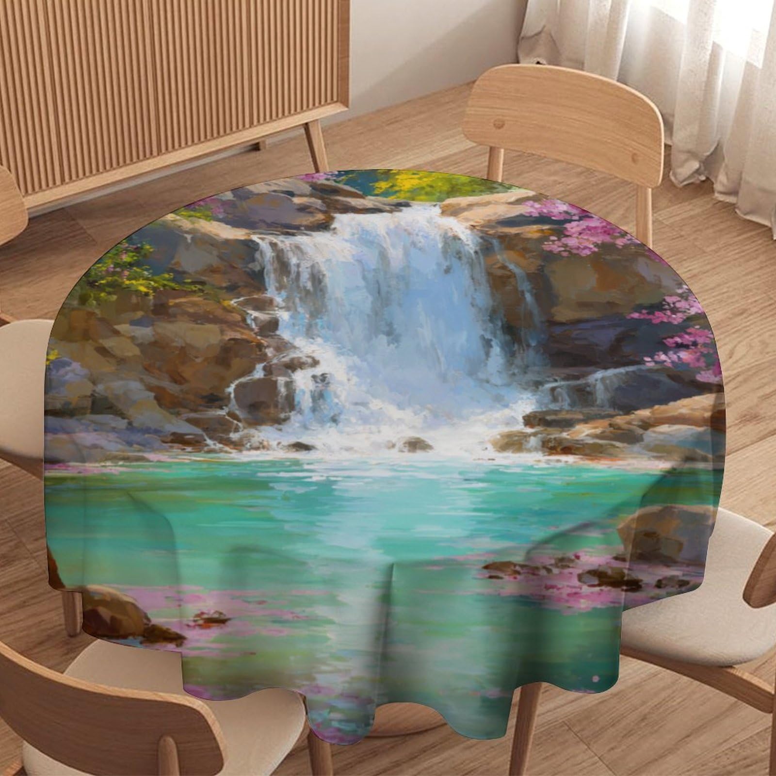 LUYYSKY Modern Abstract Spring Waterfall Round Tablecloth Rustic Natural Landscape Japanese Cherry Blossom Floral Washable Decor for Table Cover for Kitchen-177.8" Wx177.8 L cm