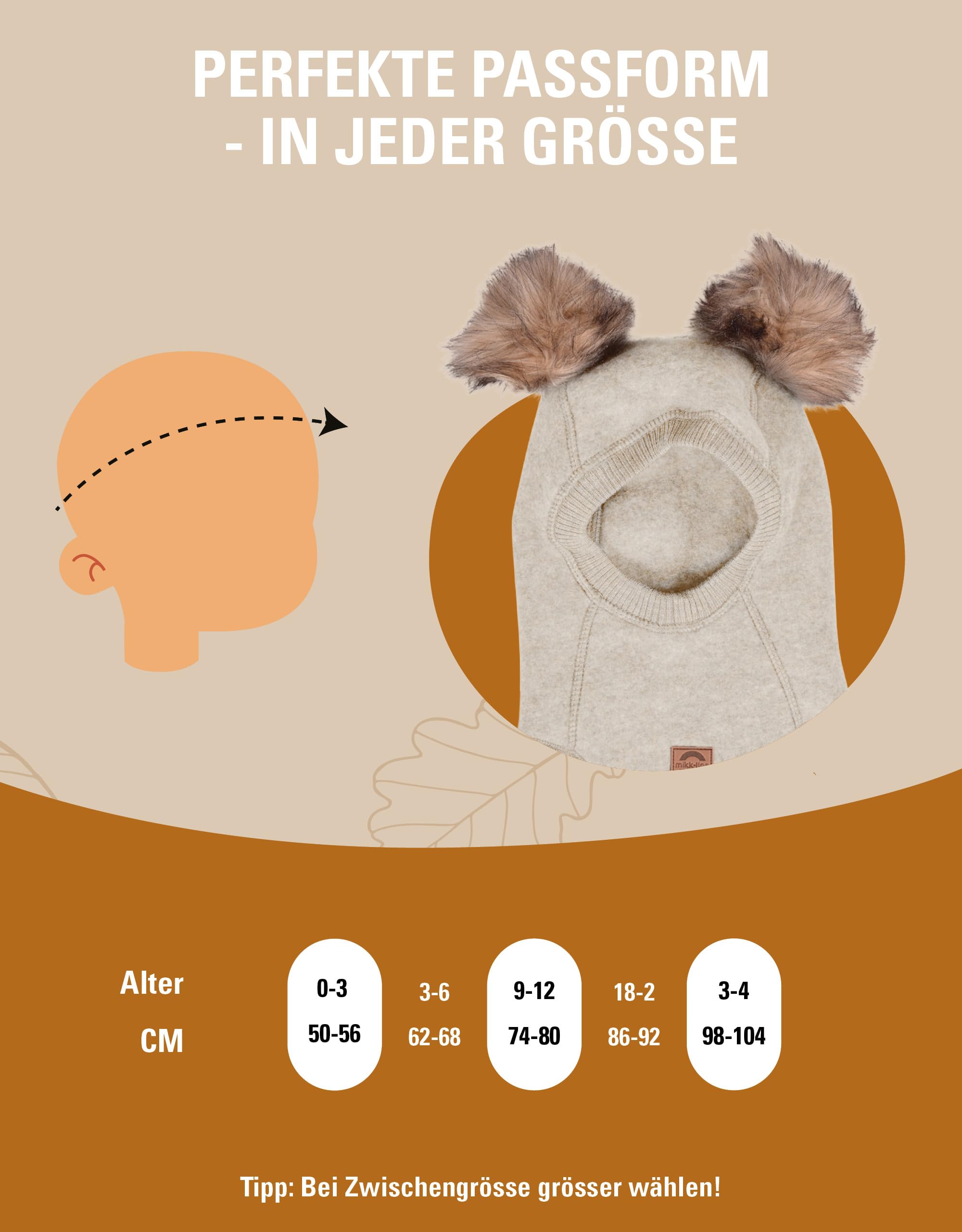 Mikk-line Schlupfmütze Baby Mit Pom Pom, Warme Sturmhaube, Wollmütze | 84% Merinowolle, wärmt ohne zu kratzen, temperaturregulierend, schützt Kopf, Hals & Nacken, abnehmbarer Pom-Pom, OEKO-TEX