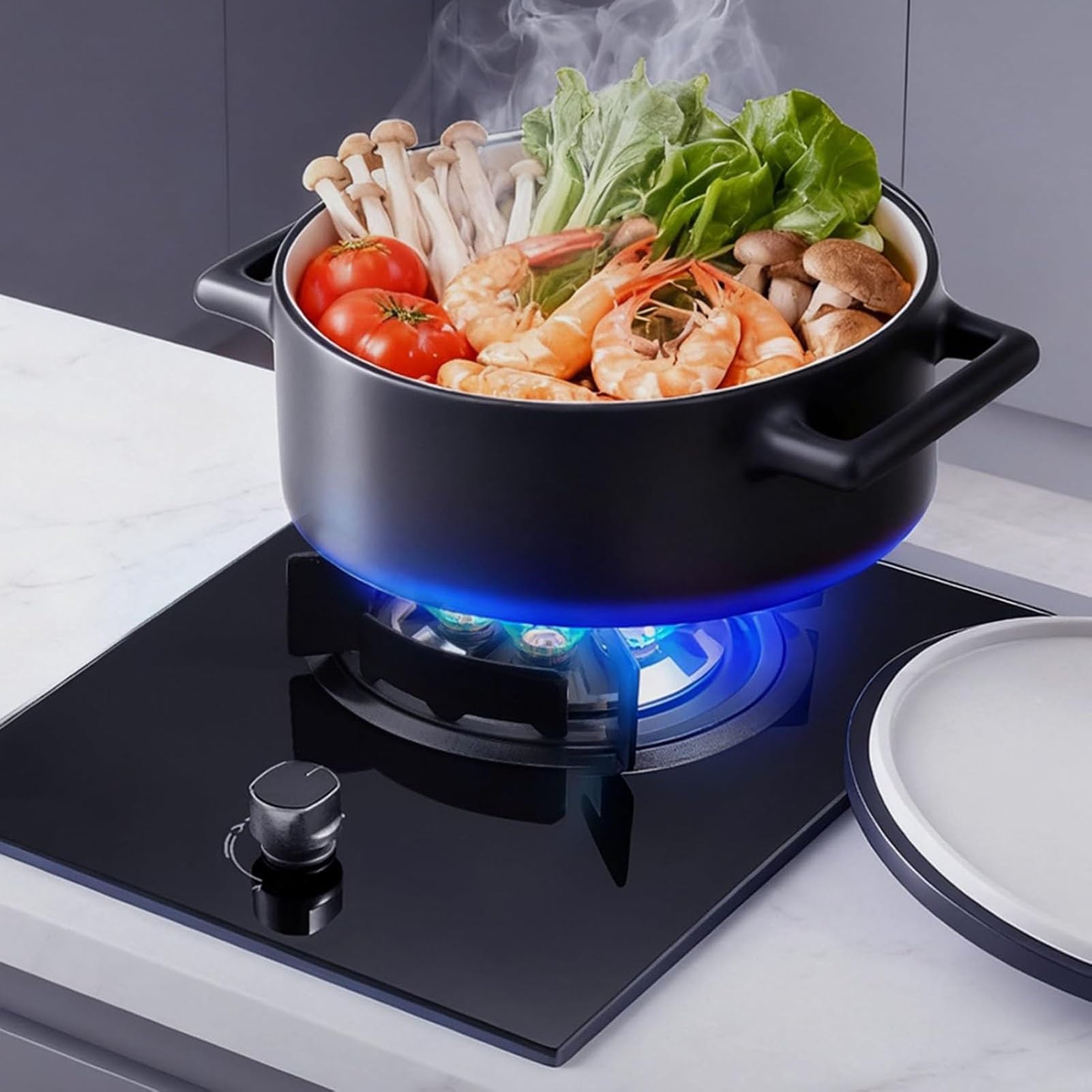 THEGA Estufa De Gas Butano, 5,2 KW, 9 Cavidades, Estufa De Sobremesa De Alta Potencia, Rejilla para Ollas De Hierro Fundido con Vidrio Templado, con Protección contra Apagado De Llama(NG)