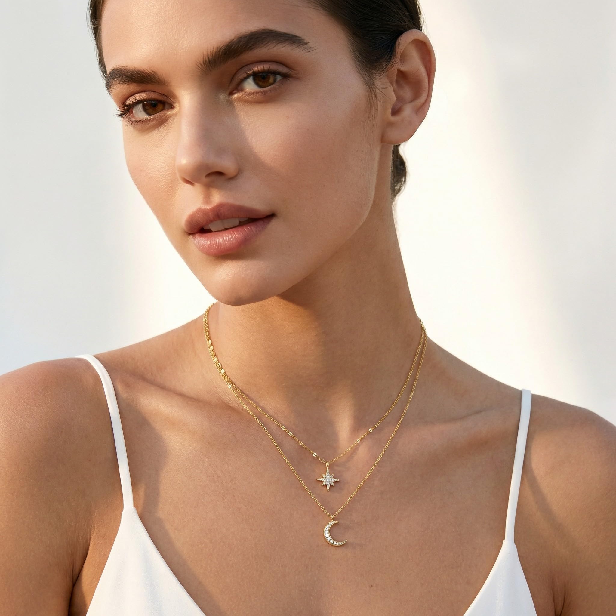 SLUYNZ 925 Collana a strati in argento sterling Collana a strati Catena Star Moon Choker per donne Teen Girls Layering Chain Choker (B-Gold)