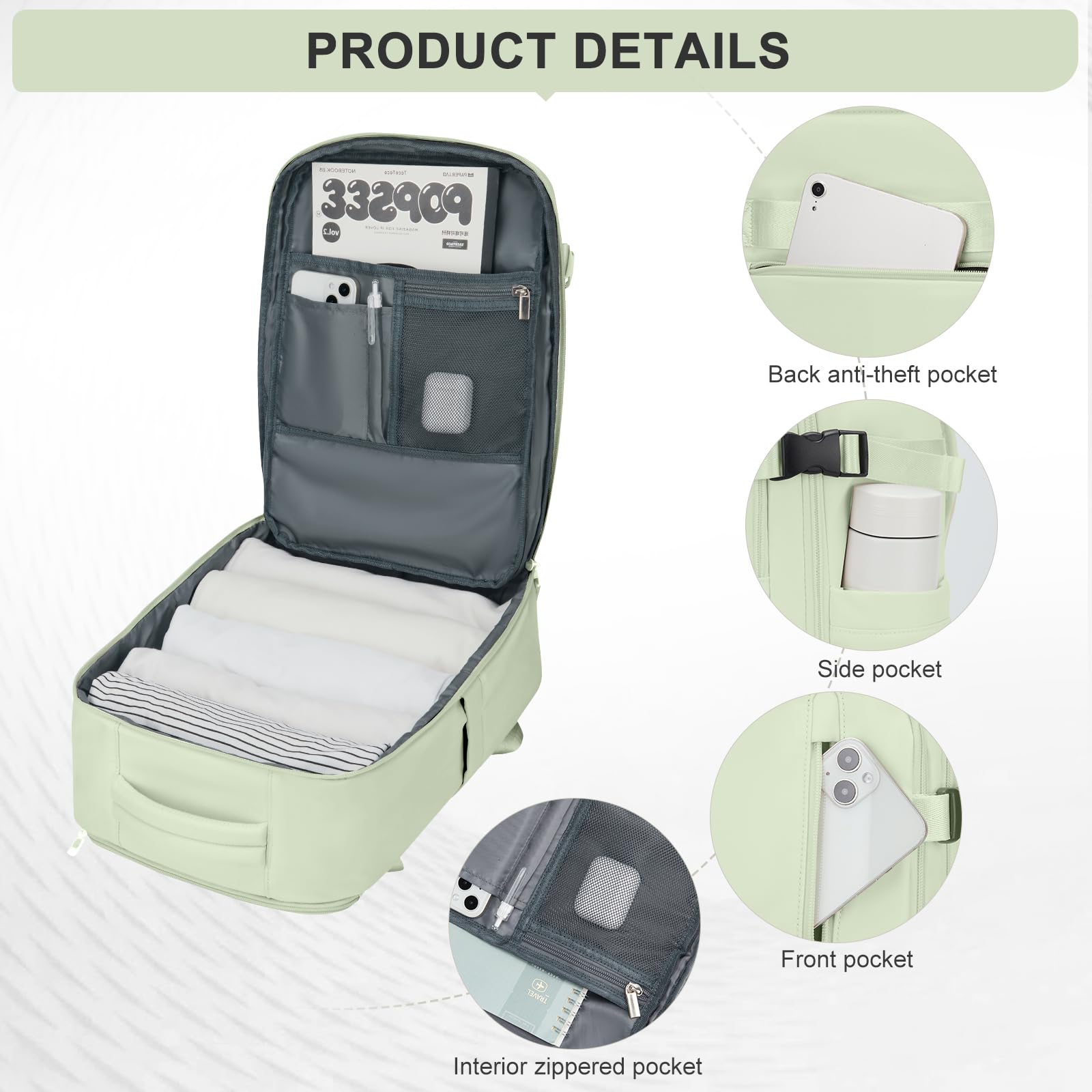 Zaino da Viaggio per Ryanair 40x20x25 Bagaglio a Mano Zaino Borse da Cabina per Ryanair Il Sedile Zaino Aereo Bagaglio a Mano Donna Borsa Cabina Viaggio Zaino Travel Viaggio Casual Daypack,Verde menta