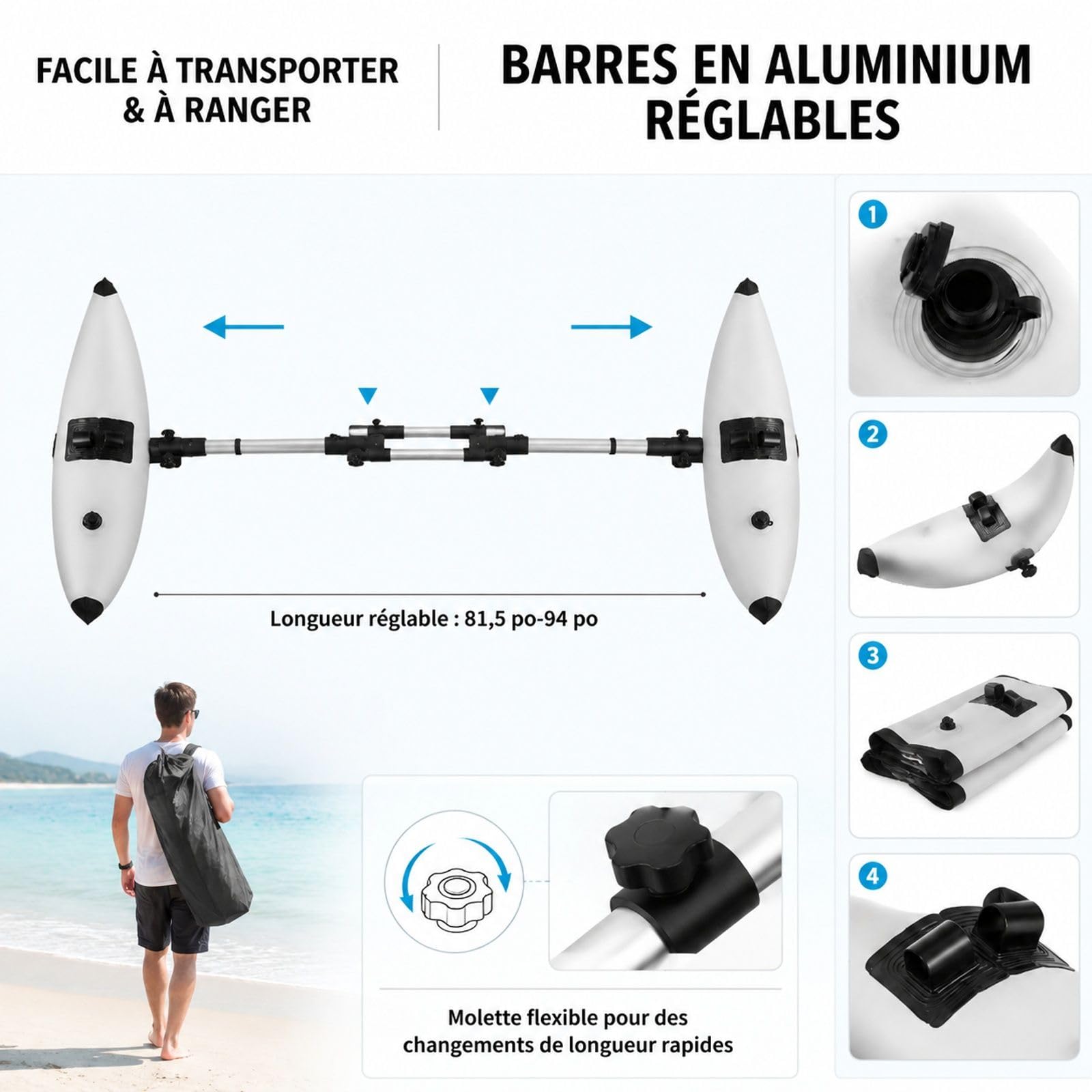 Kit de 2 flotteurs stabilisateurs gonflables en PVC pour Kayak et canoë