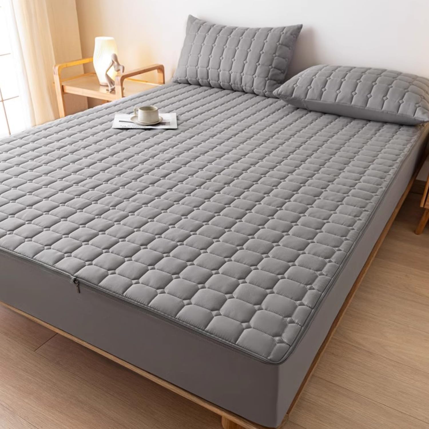 Gray,90 * 200+25cm,LDLCYCN Full Zipped Mattress Protector Customizable Comfortable Quilted Mattress Cover with Zip 6 Side Fitted Sheet Breathable Anti-Dust Mattress Encasement Cover Washable