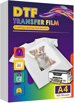 DTF Transfer Film, 8.3" x 11.75", A4 Double Sided Matte PET Heat Transfer Paper, 100 Sheets, Common to All T-Shirts and Dark Fabrics, Vibrant Colors, Easy to Remove with Heat and Low Temperature