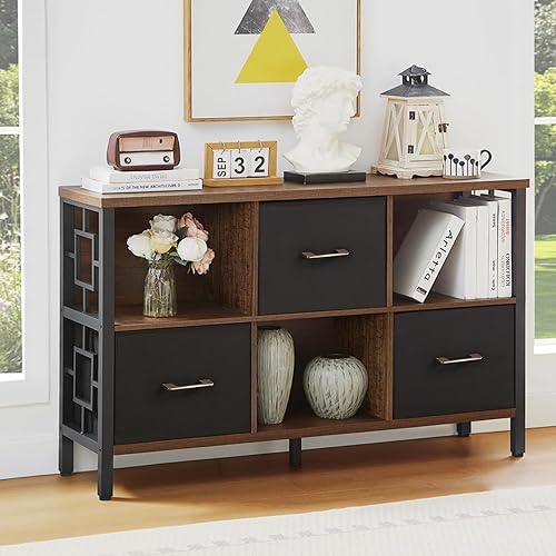 HOMISSUE 6 Cube Storage Organizer Shelf, Rustic Short Bookshelf with 3 Cube Storage Bin, Industrial Horizontal Bookshelf with Metal Frame, Low and Wide Bookcase for Living Room and Office, Brown