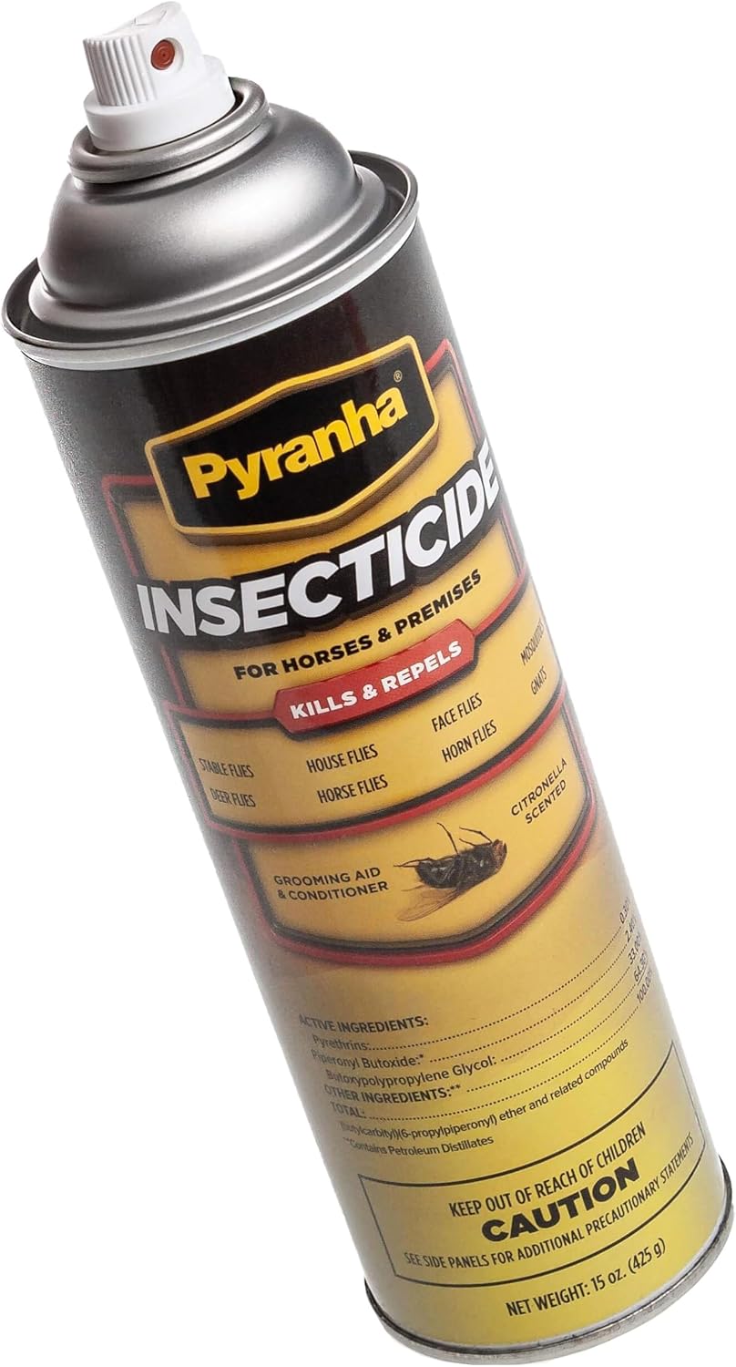 PYRANHA Insecticide Aerosol Fly Spray for Horses – 15 oz Oil-Based Spray with Citronella, Kills & Repels Flies, No-Shake Formula, Adds Show-Ready Shine