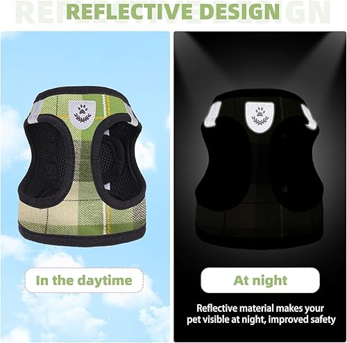 Miniatura 5 de KOOLTAIL Juego de arnés y correa para perro pequeño, arnés de malla suave acolchado ajustable a cuadros reflectantes, verde, S
