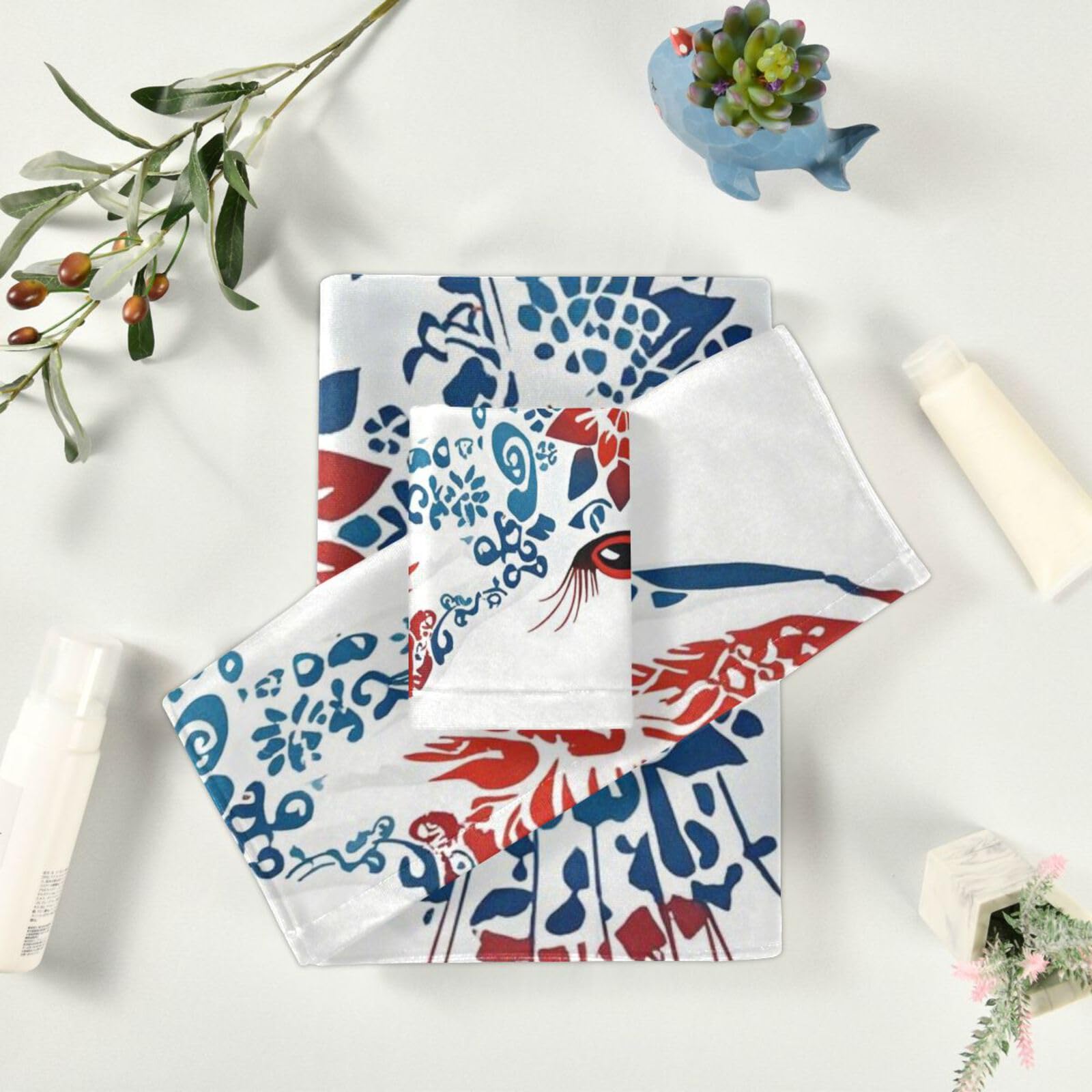 Set di 3 asciugamani per il viso con coniglietto rosso e blu, 1 asciugamano da bagno, 1 asciugamano per le mani, 1 panno per la casa, cucina, hotel, palestra, nuoto, spa