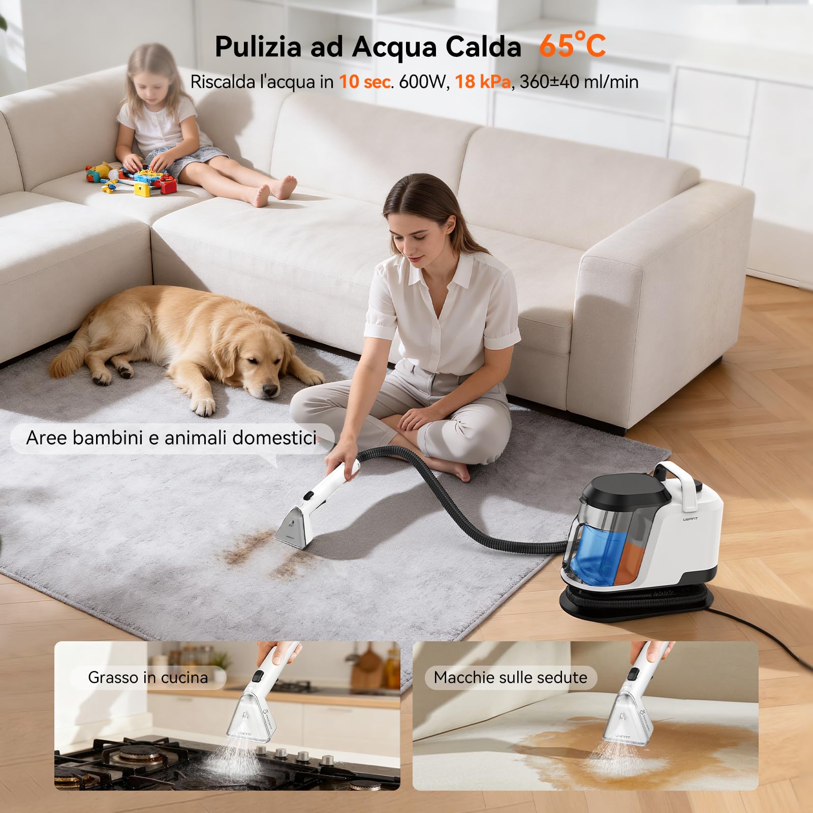 Uwant Lavatappeti Lava e Asciuga a Vapore Y100S 600W 18KPa, 3in1 Fredda/65℃ Calda/100℃ Vapore, Spazzole multiple Lava Divani/Tappeti/Auto/Cucina, 2.4L Serbatoio Auto-pulizia Portatile Lavatessuti