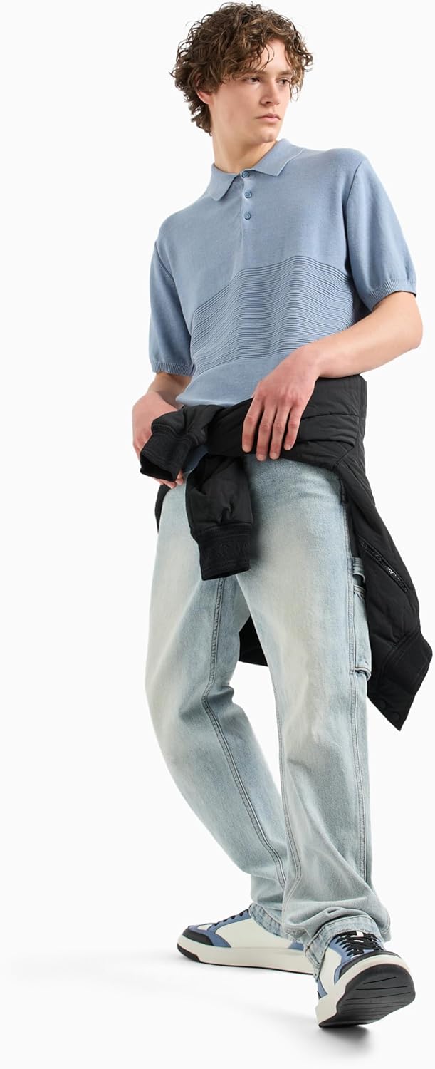 Armani Exchange Mens Combed Cotton Knit Polo with Horizontal Stripe Detail - Image 3