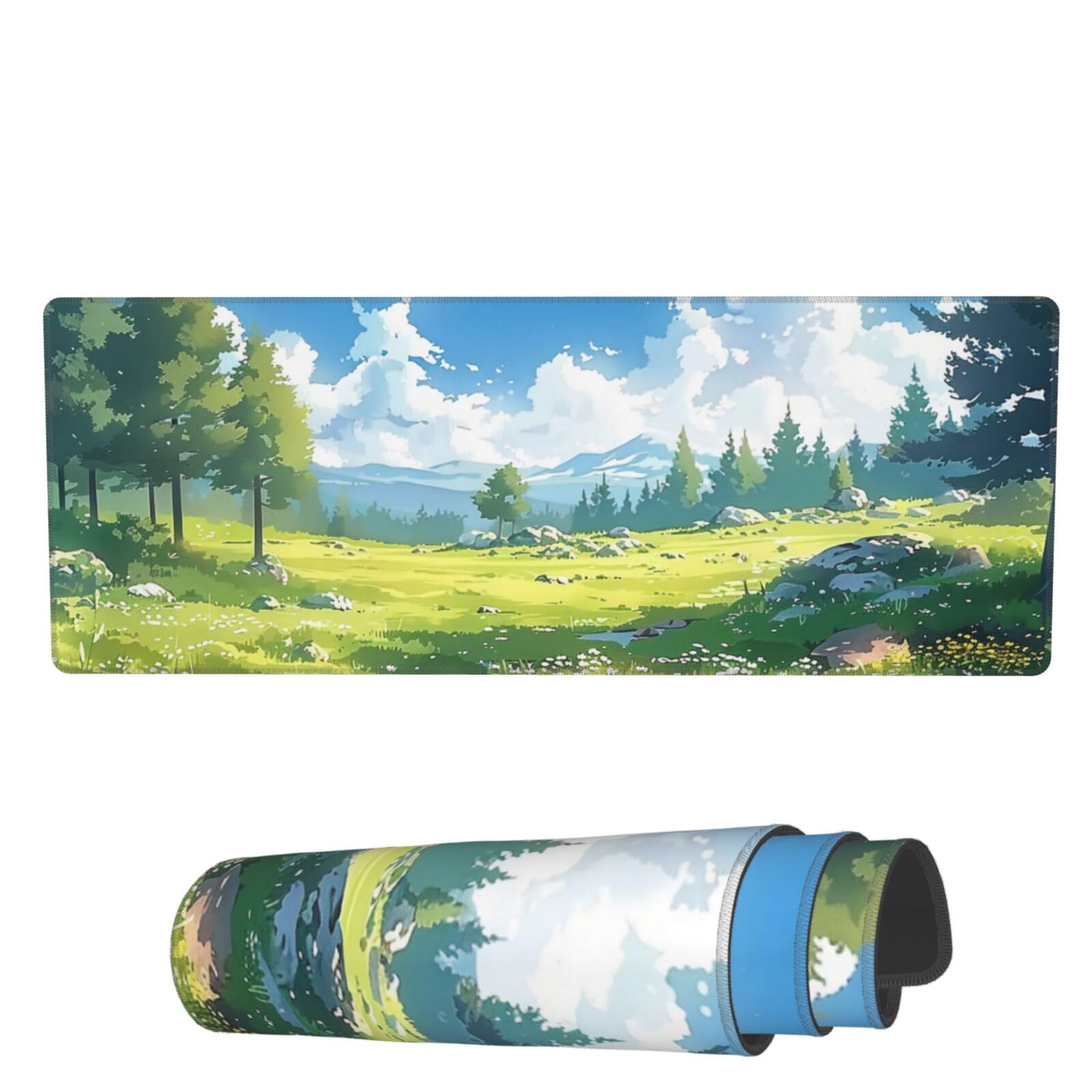 Anime Nature Landscape Large Mouse Pad XL Blue Green Extended Gaming Mousepad Computer Keyboard Mouse Mat with Non-Slip Base and Stitched Edge for