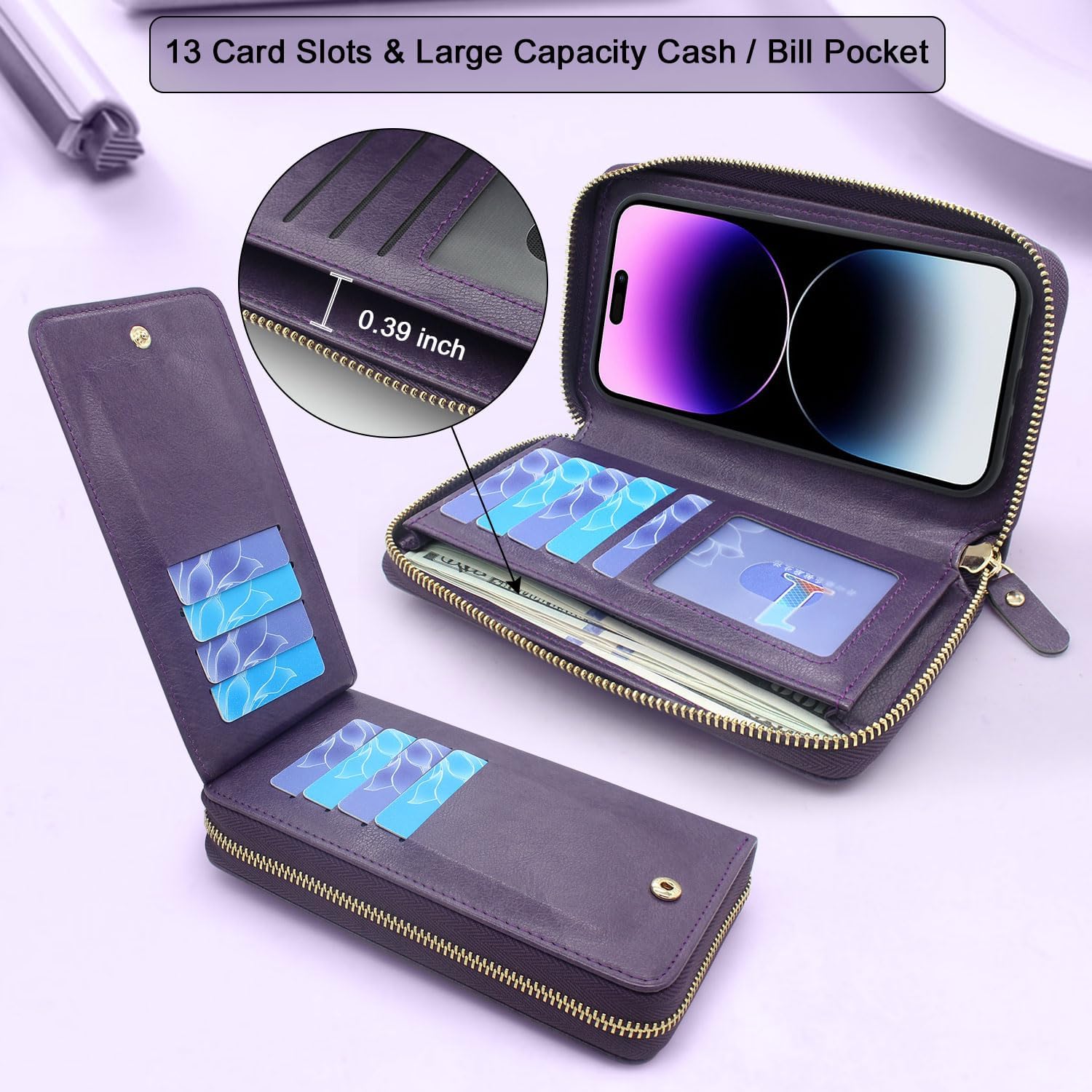 Lacass Compatible with iPhone 14 PRO MAX 6.7 inch 2022 Case Crossbody Dual Zipper Detachable Magnetic Leather Wallet Phone case Cover (Floral Dark Purple)