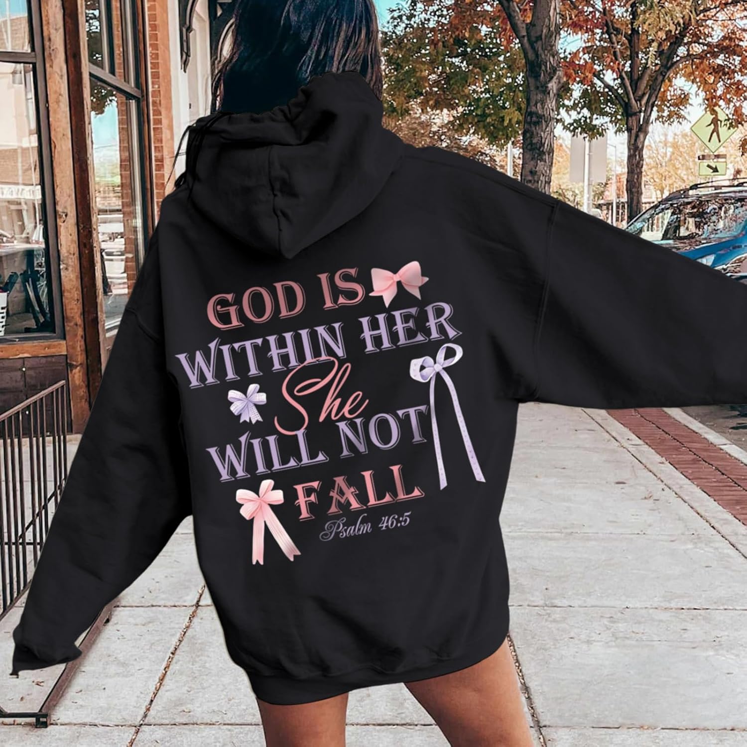 God is Within Her She Will Not Fall Christian Hoodies for Women Jesus Bible Verse Hoodie Bow Hoodie - Image 5