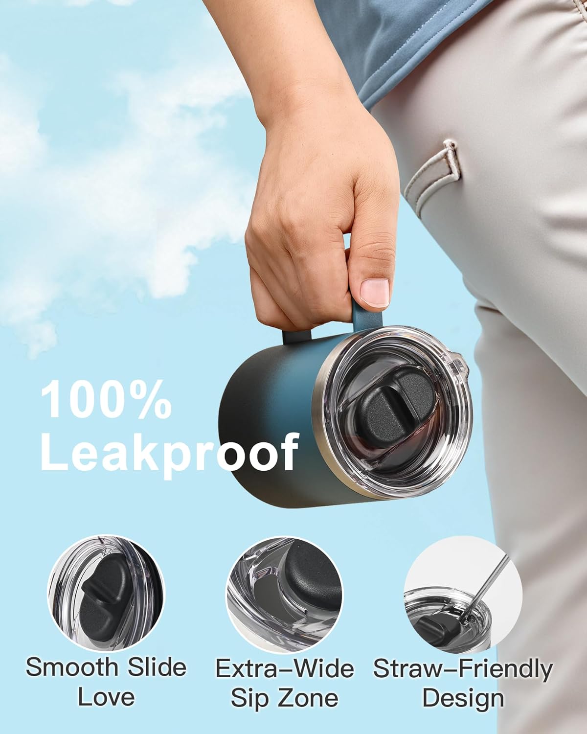 Insulated Coffee Mug 12 oz, Double Wall Stainless Steel Coffee Mug with Lids, Leak-Proof & Detachable Slider Lid for Thorough Clean, Keeps Coffee Cold for 9 Hrs, Suitable for Camp Home Office - Image 3