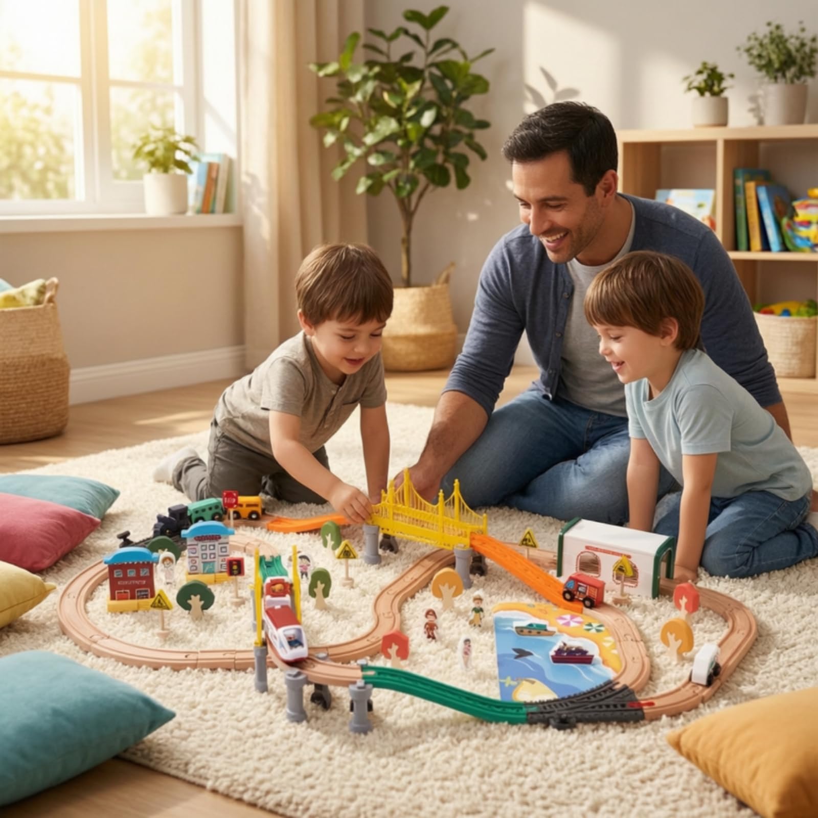Children Electric Train Set Trenino Elettrico Giocattolo Pista Legno Plastica Set Binari Ponti Edifici Segnali Alberi Città Giocattolo Educativo
