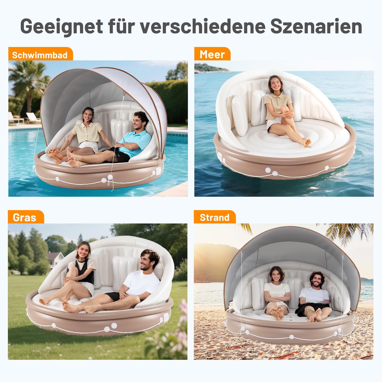 COSTWAY Aufblasbare Badeinsel mit einziehbarem Dach, Schwimminsel mit 3 bequemen Kissen, SPF 50+, Schwimmliege bis 180 kg belastbar, aufblasbare Lounge für 2 Erwachsene