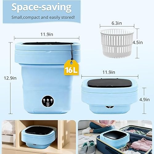 Miniatura 2 de Lavadora portátil azul, mini lavadora, 16 litros mejorada con cesta giratoria, diseño plegable, ideal para apartamentos, lavadora portátil, 3 modos