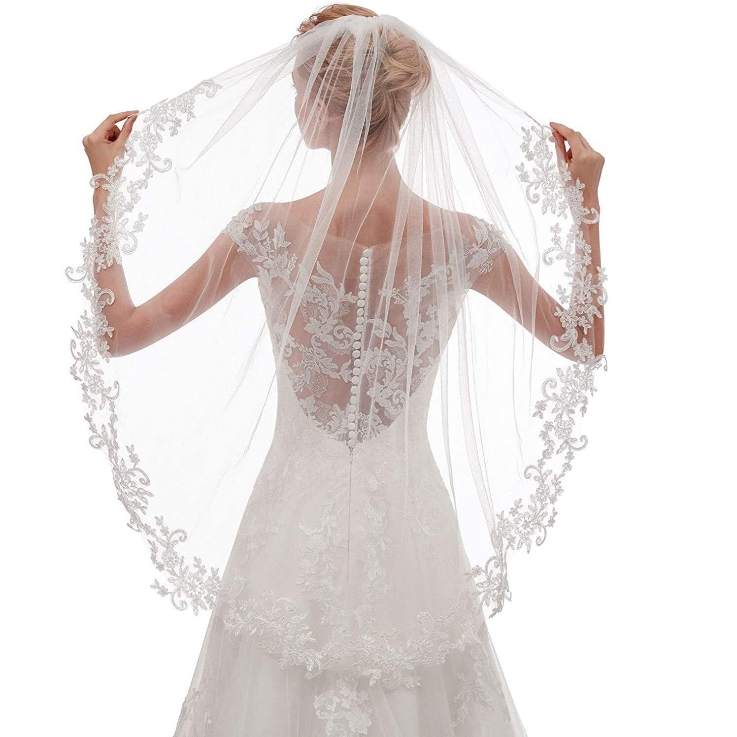 Lpitoy White Bridal Veil, Wedding Vails With Comb 2 Tier Lace Simple Tulle Short Veils For Brides Shower Night Party
