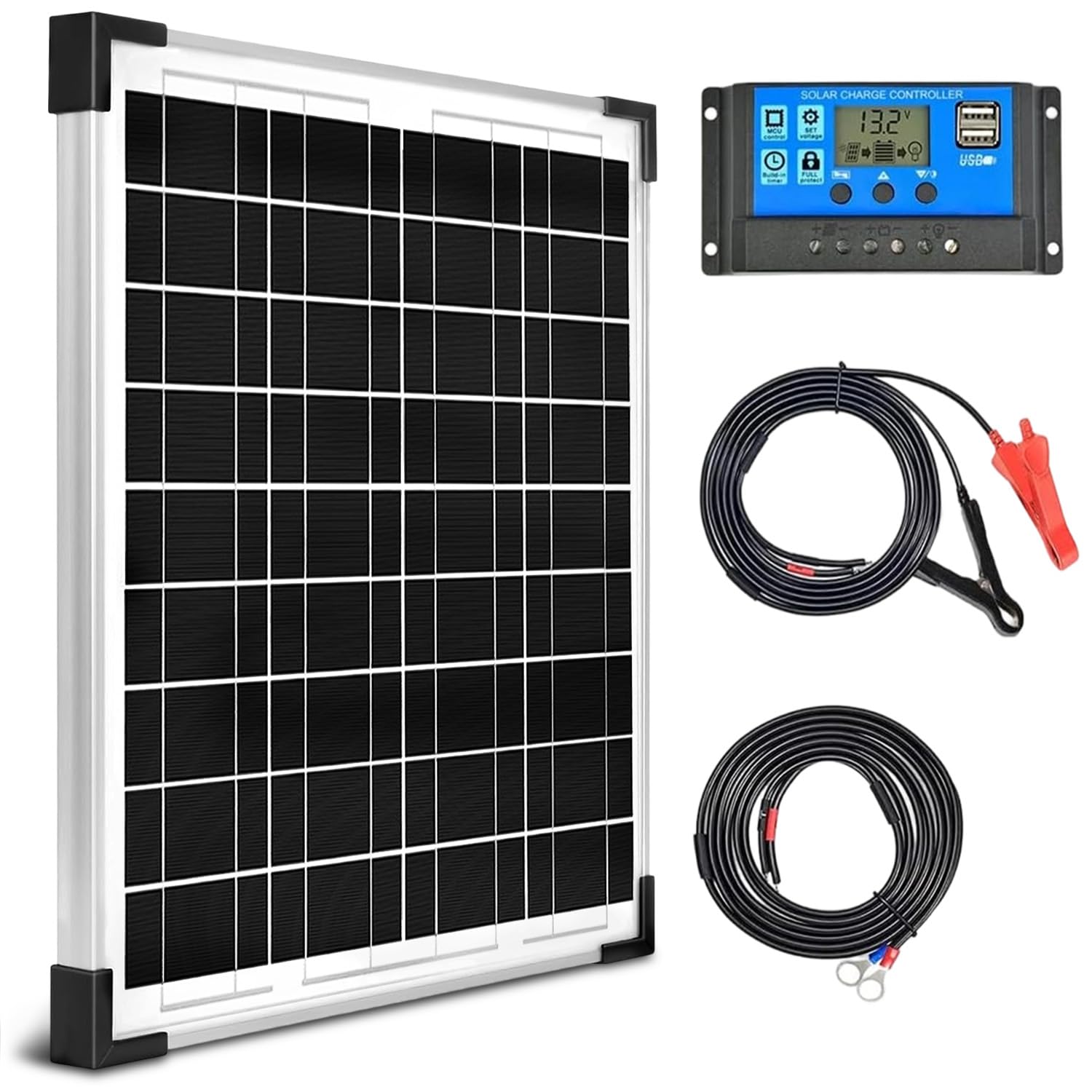 20W Solar Panel 12V Battery Chager + 10A PWM Charge Controller + Extension Cables…