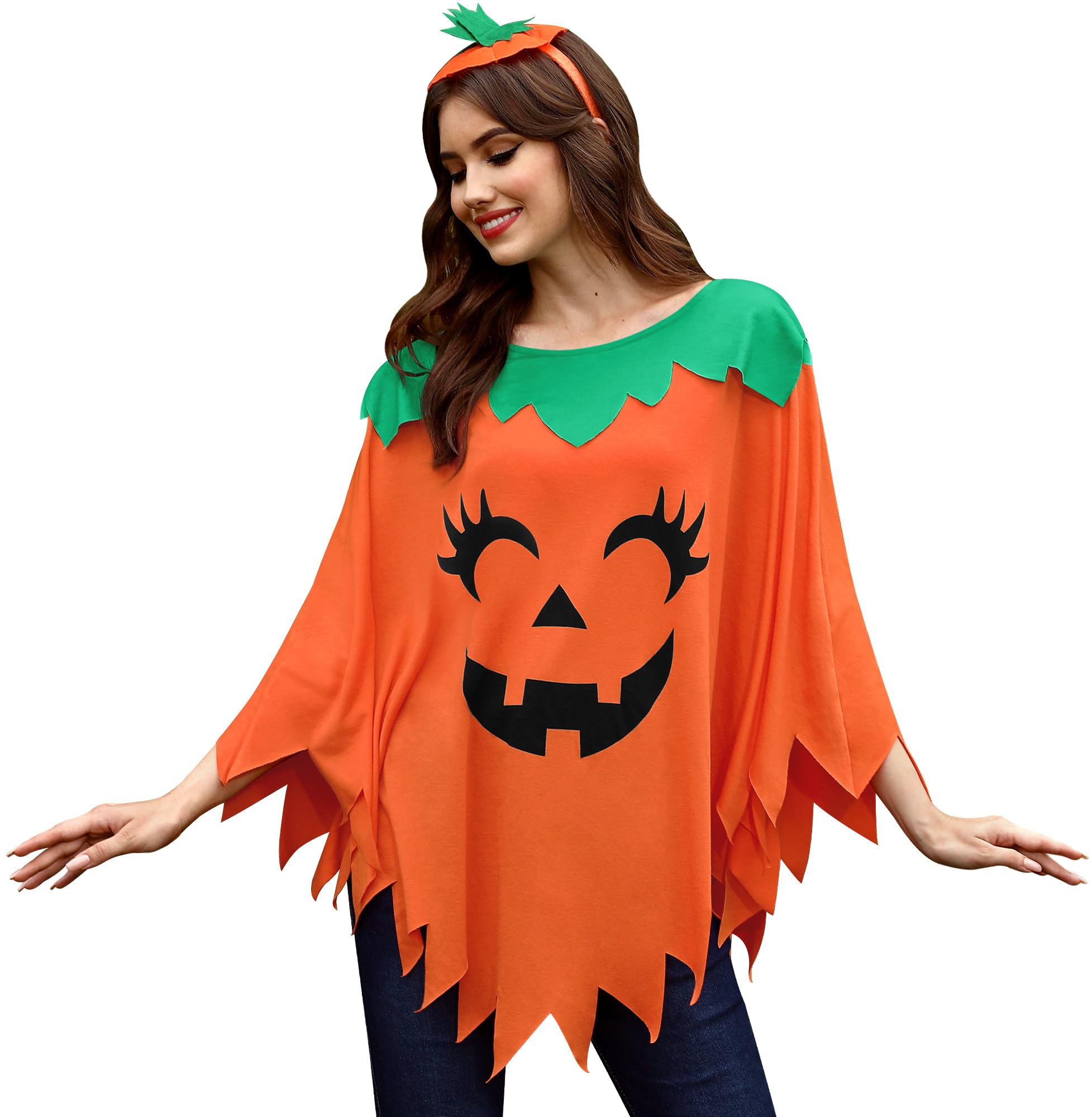 Women's Halloween Pumpkin Poncho Costume Adult Cape-image-36