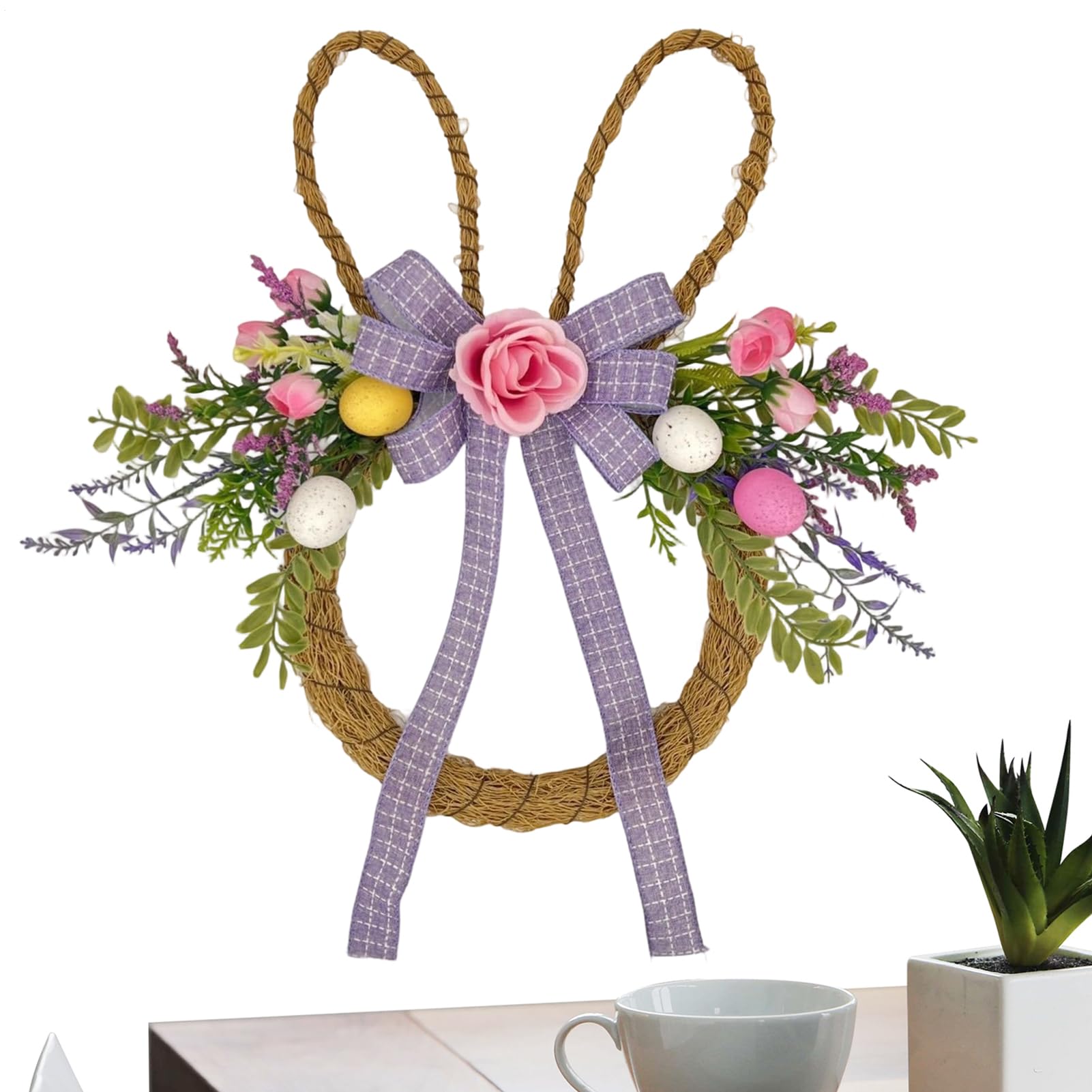 Couronne de Pâques pour porte avec lapin et fleurs artificielles décoratives