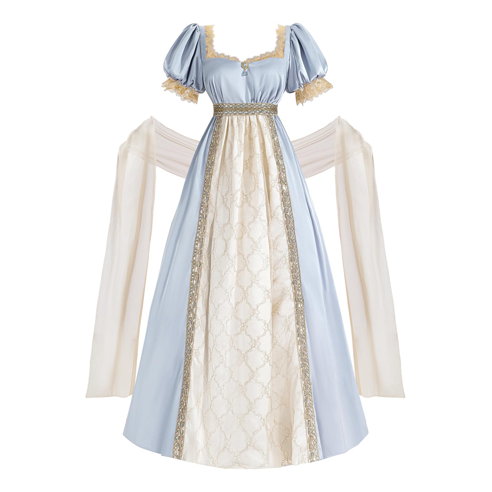 LTAKK Regency Dress Women Satin Regency Costume Empire Waist Tea Party Victorian Gown with Shawl, Blue Gold, XL