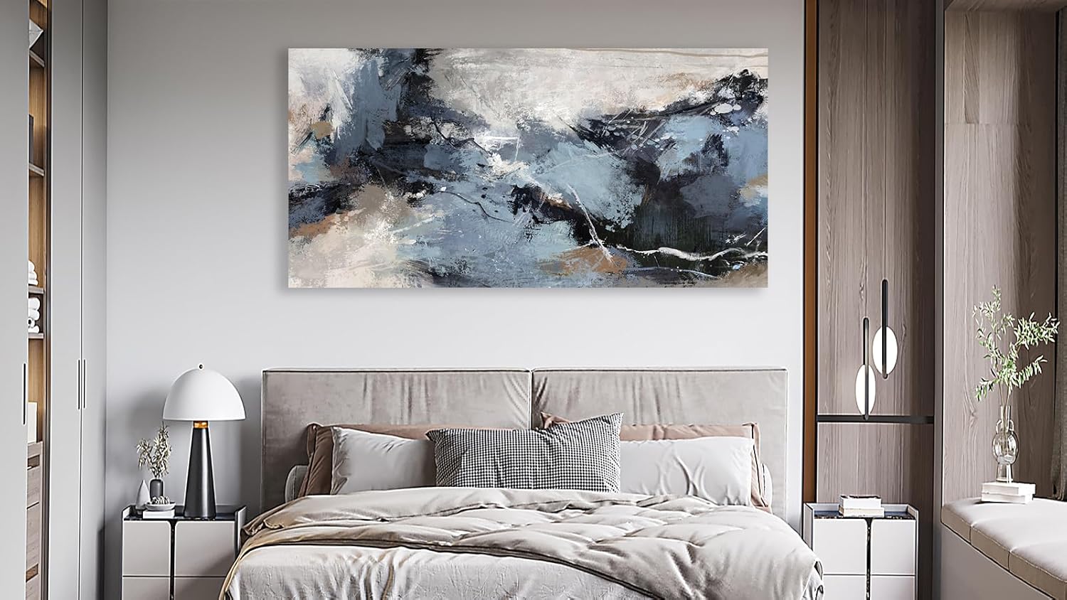 shoci large abstract wall art - black blue canvas pictures aesthetic gray brown painting prints decor modern abstract ink artwork wall art for living room bedroom home office decoration 24" x 48" 48"l x 24"w navy