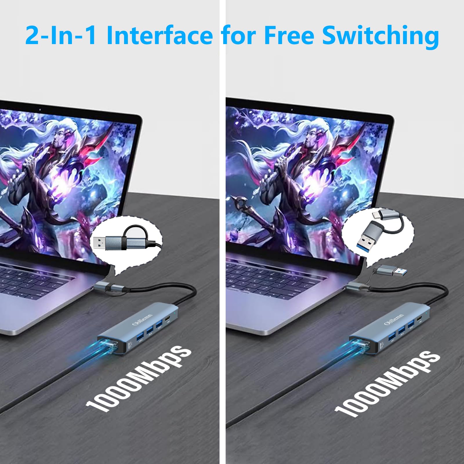 Adattatore USB Ethernet, Hub USB C Ethernet, RJ45 LAN 1000Mbps, 3 Porte USB 3.0, USB Tipo C per Windows/MAC/Linux/Chromebook