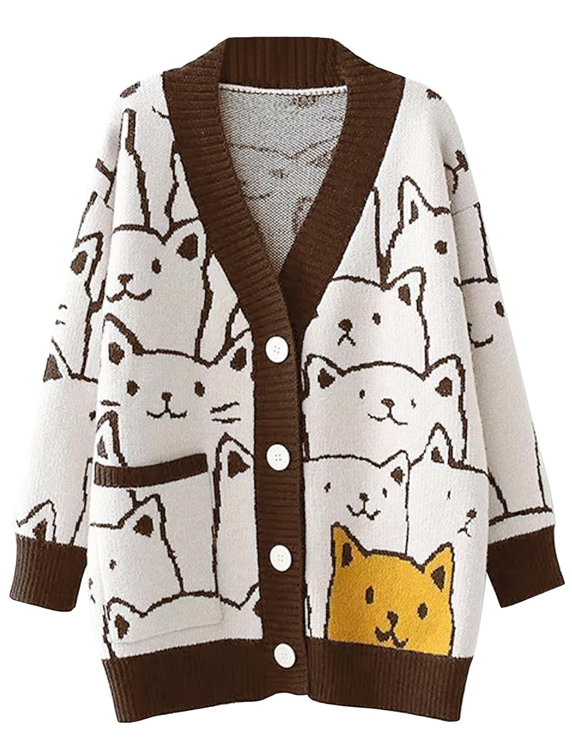 Flygo Cat Sweaters for Women Oversized Chunky Button Down Knit 2025 Fall Cardigan Cute Cartoon Sweater Kawaii Clothes