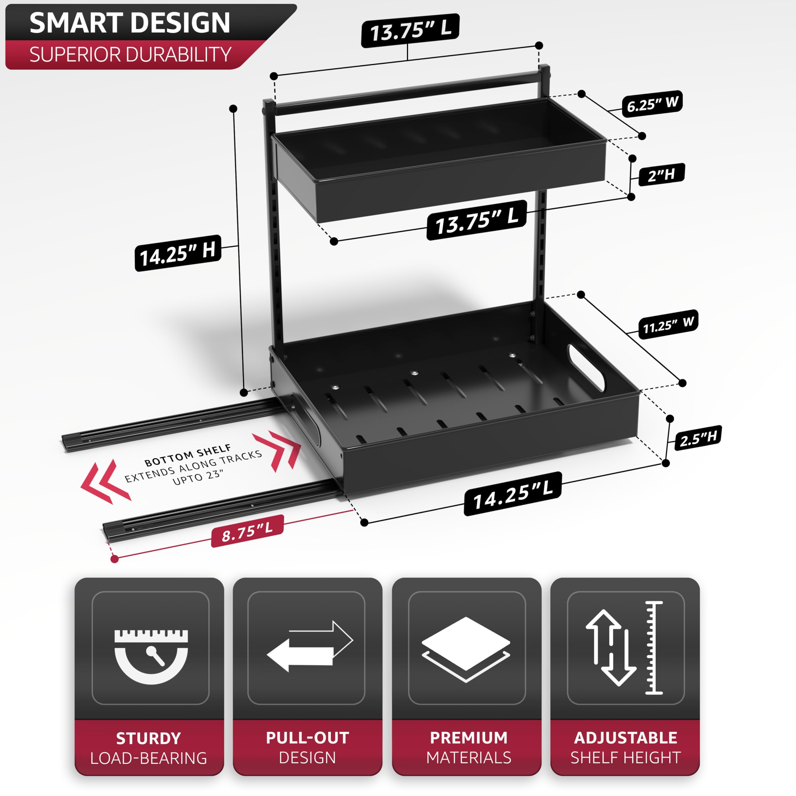 Sorbus Under Sink Organizer with Sliding Tracks – Pull Out Cabinet Organizer with Drawer & Installation Rails – Under Cabinet Bathroom Storage Organizer for Kitchen, Pantry, or Vanity –Black 1 Pack