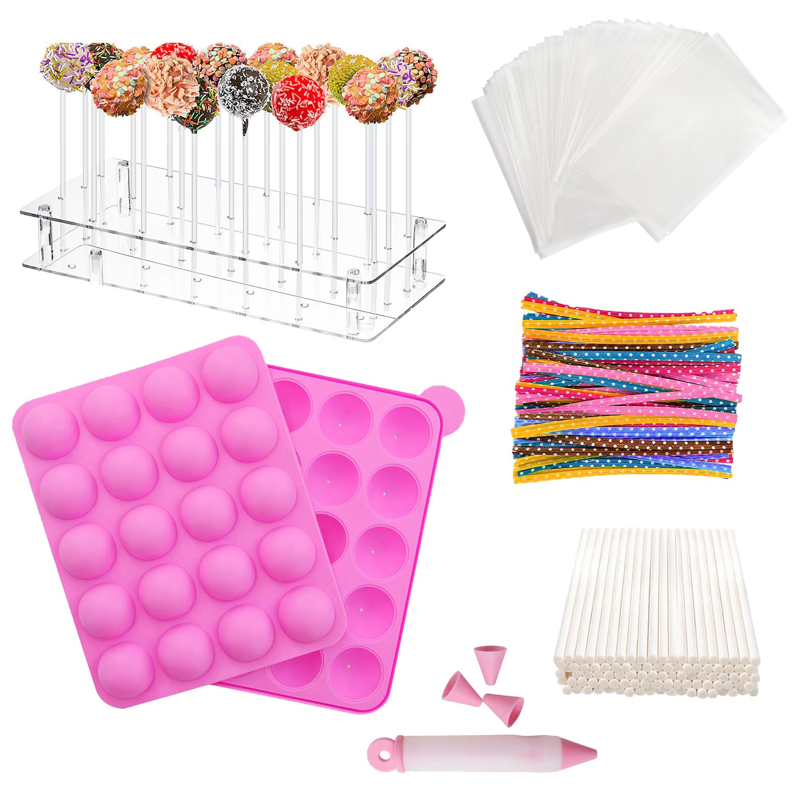 Cake Pop Maker Kit With 21-Hole Acrylic Stand, Silicone Mold, 100 Sticks & Bags - Pink Baking Set For Treats - View #10