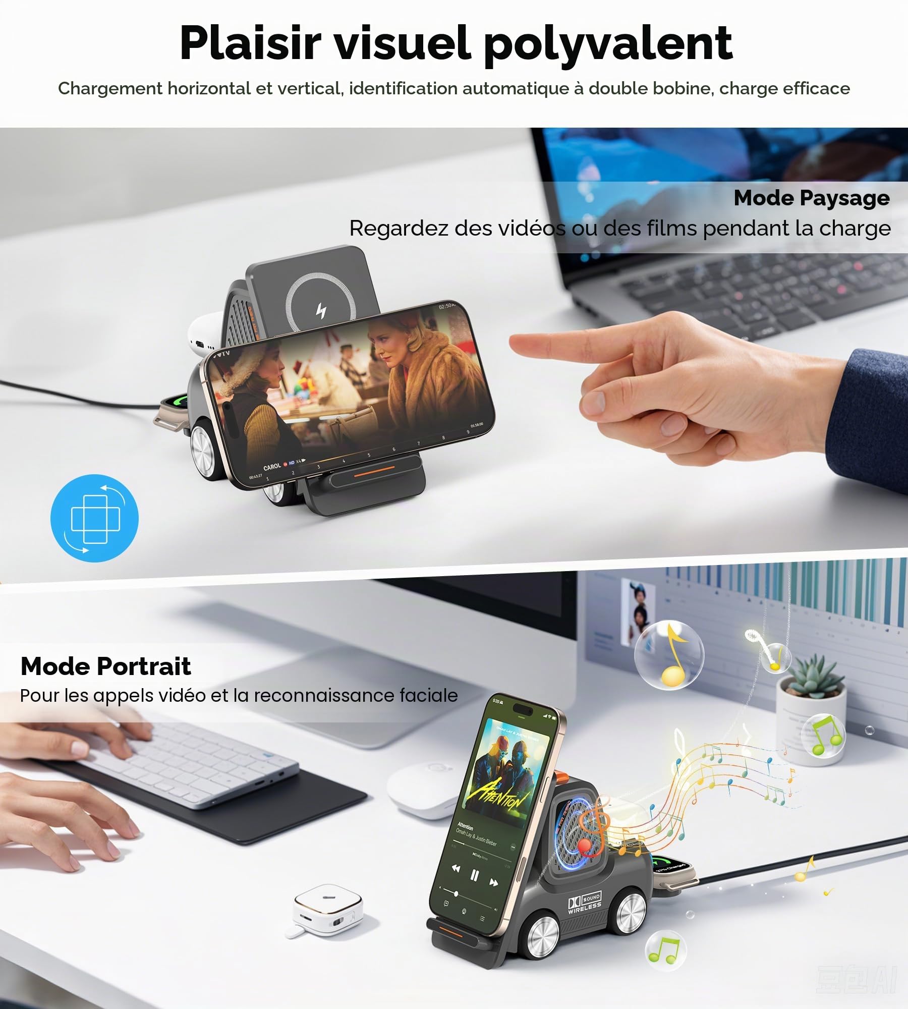 Station de charge sans fil pour chariot élévateur avec haut-parleur Bluetooth, chargeur rapide sans fil 4 en 1 pour plusieurs appareils, compatible avec iPhone 16 15 14 13 Pro Max Series, Apple iWatch