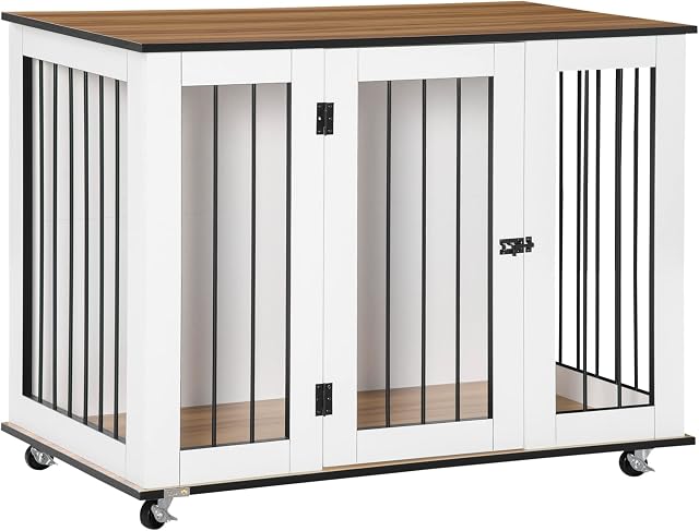 PawHut Dog Cage End Table w/ Five Wheels, Dog Crate Furniture for Large Dogs, with Lockable Door - White