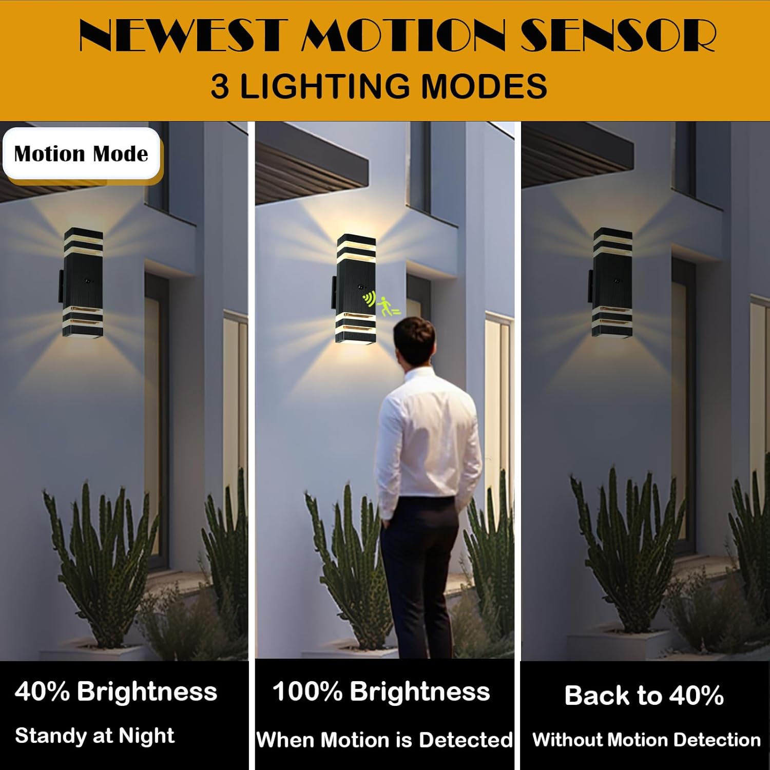 iYogaled Motion Sensor Outdoor Wall Lights with 3 Lighting Modes, Dusk to Dawn Porch Light with Bulbs Include, IP65 Waterproof Modern Black Wall Sconce for Patio, Garage, Front Door